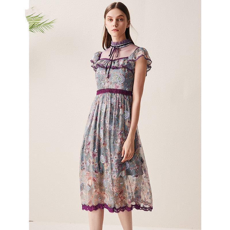 Printed mesh stitching lace dress - Trendy Mix