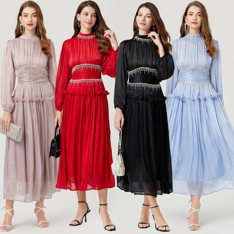 Pleated Waist Tight Long Puff Sleeve Dress - Trendy Mix