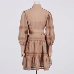 Polo Collar Lantern Sleeve Waist-tight Single-breasted Short Hollow Dress - Trendy Mix