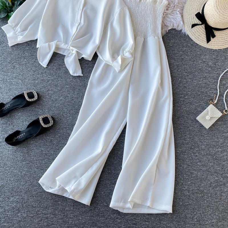 Chic High-Waisted Wide Leg Jumpsuit with Shirt Overlay - Trendy Mix