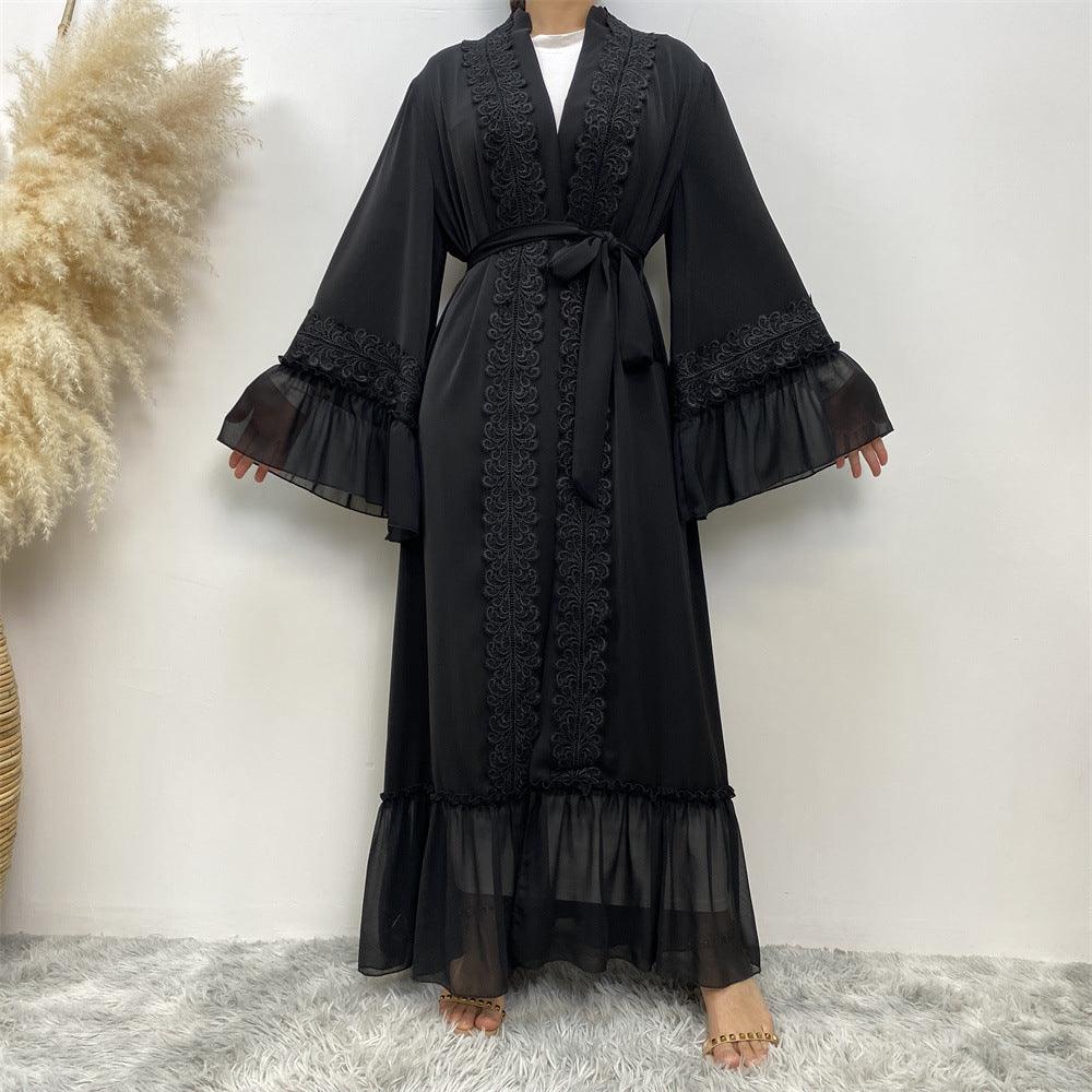 Elegant Black Floral Embroidered Lace-Up Muslim Cardigan Robe - Trendy Mix