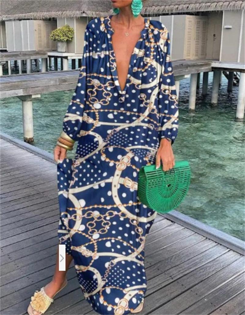 Printed Pullover Long Sleeve V-Neck Swing Loose Long Dress - Trendy Mix