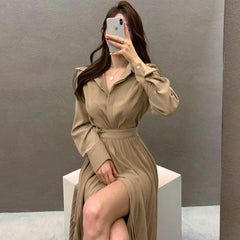 Women's Stitching One Piece Tie Waist Long Sleeve Pleated Dress - Trendy Mix