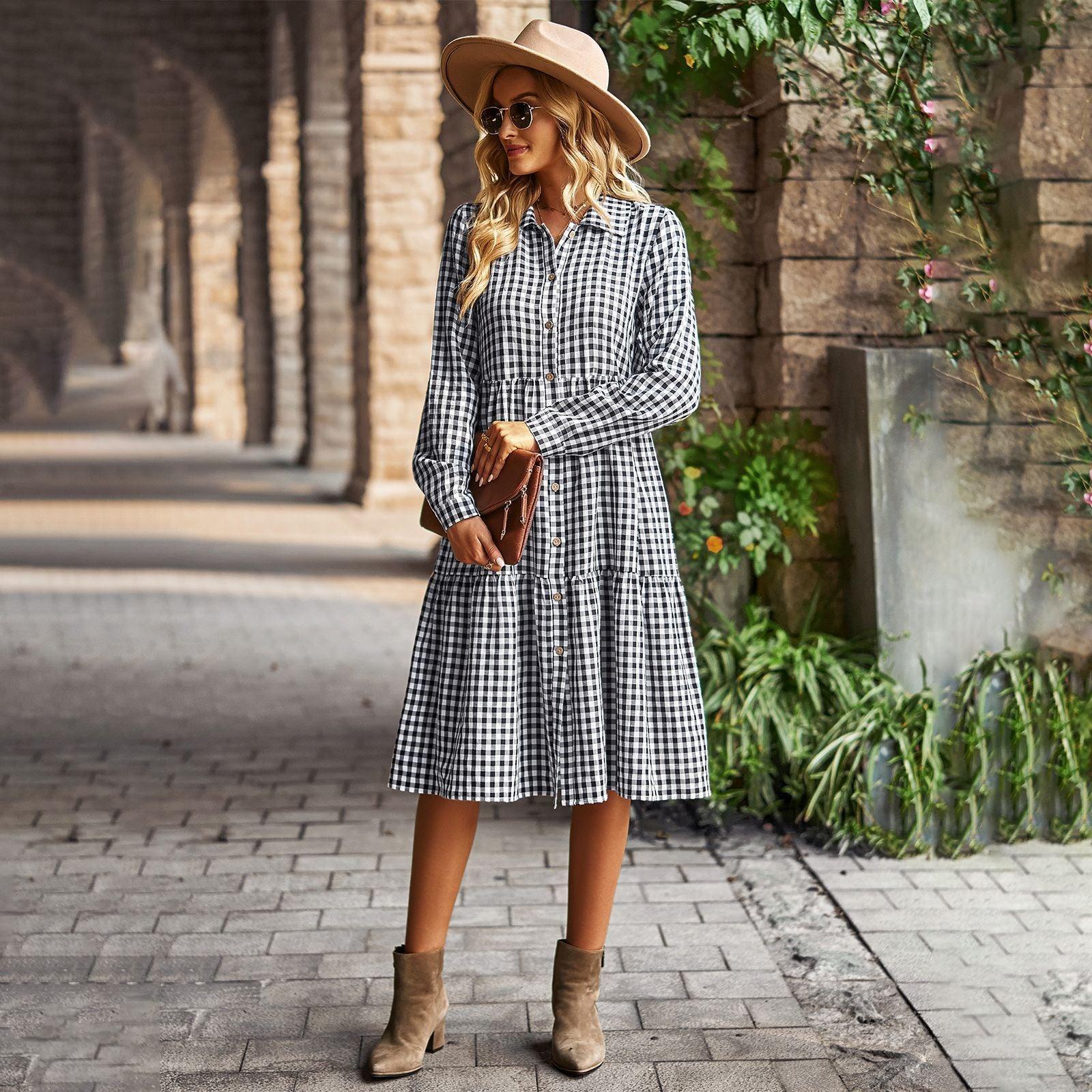 Wide Hem Long Sleeve Dress Plaid Casual Dress - Trendy Mix