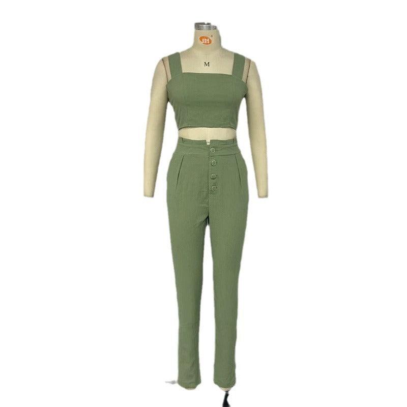 Solid Color Short Crop-top Spaghetti-strap Top High Waist Trousers Two-piece Set - Trendy Mix