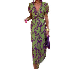 Women's Fashion Color Contrast Printed Long Elegant Slim V-neck Short Sleeve Dress - Trendy Mix