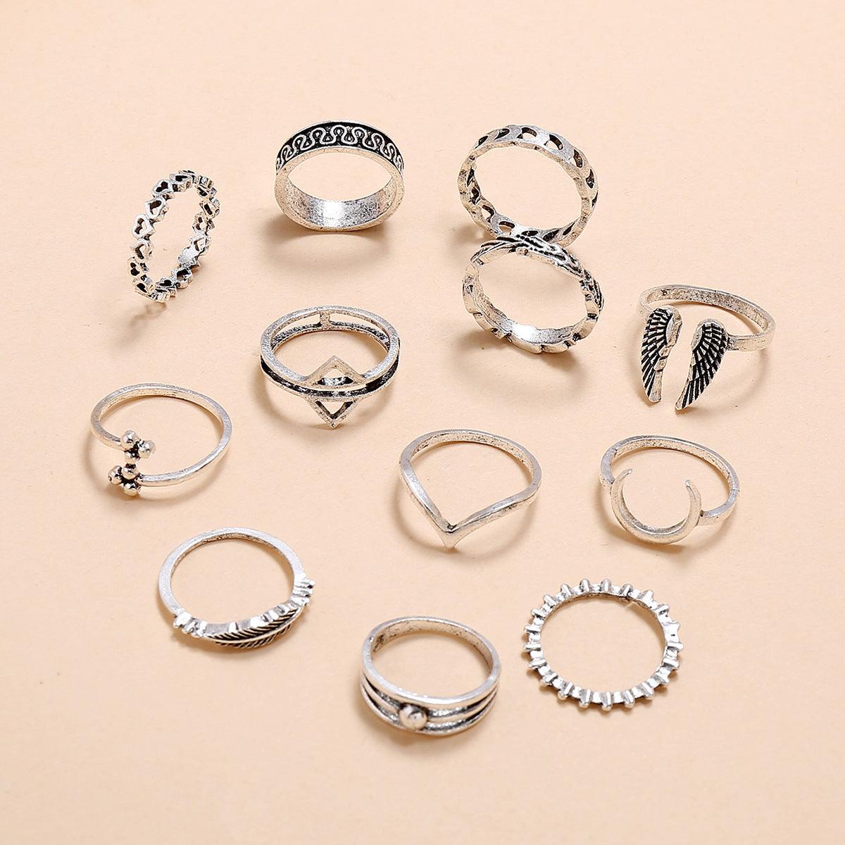 Retro Wings Triangle Moon Geometry Twelve Piece Set Ring - Trendy Mix