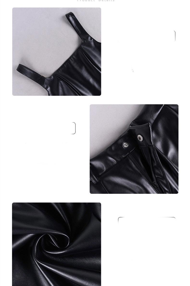 Crop Vest Shorts Leather Jacket Leather Pants Two-piece Set - Trendy Mix