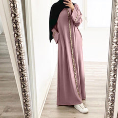 Sequined Long Sleeve Muslim Women's Robe with Colorful Trim - Trendy Mix