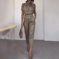 Shoulder and waist enhancement Belt Blouse And Pants - Trendy Mix