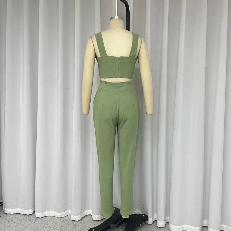 Solid Color Short Crop-top Spaghetti-strap Top High Waist Trousers Two-piece Set - Trendy Mix