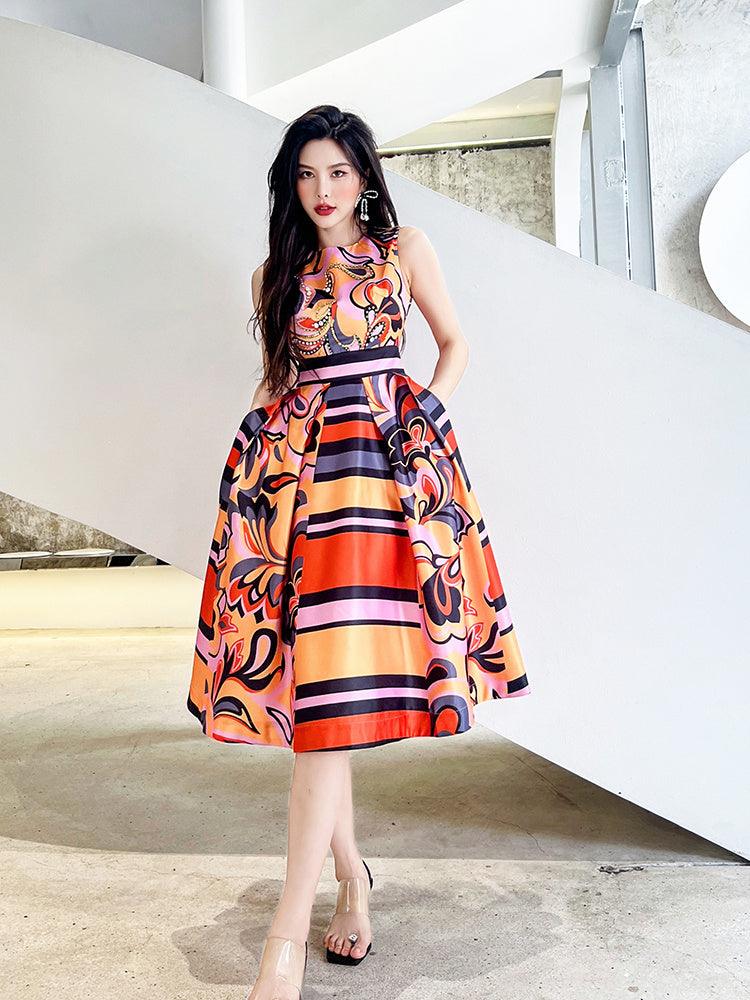 French-style Beautiful Print Slim Waist Dress - Trendy Mix