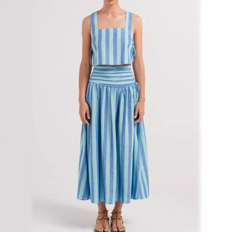 Blue Striped Retro Elegant Slimming Style Large Swing Skirt - Trendy Mix