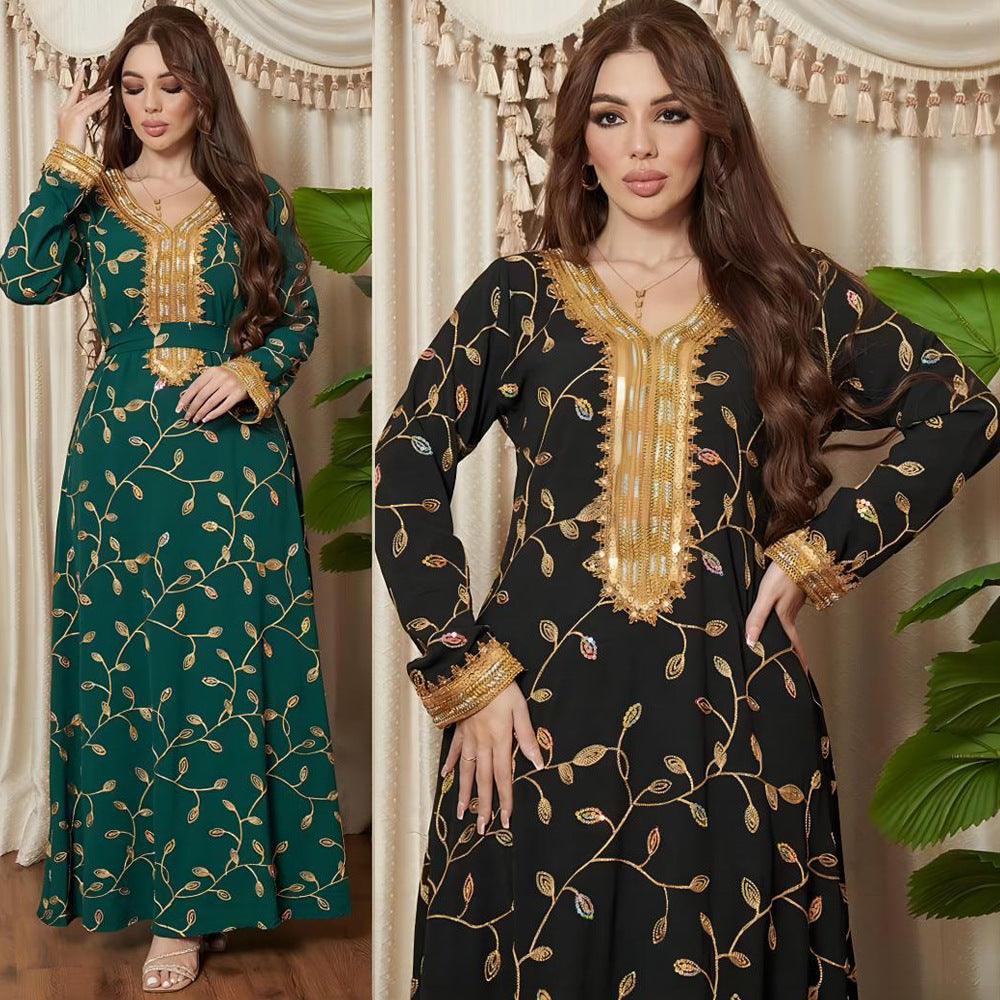 Embroidered Ocean Green Muslim Evening outfit with Belt - Trendy Mix