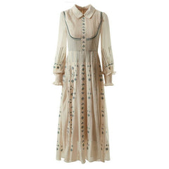 Heavy Industry Pleated Positioning Embroidery Lapel Long Sleeve Dress - Trendy Mix