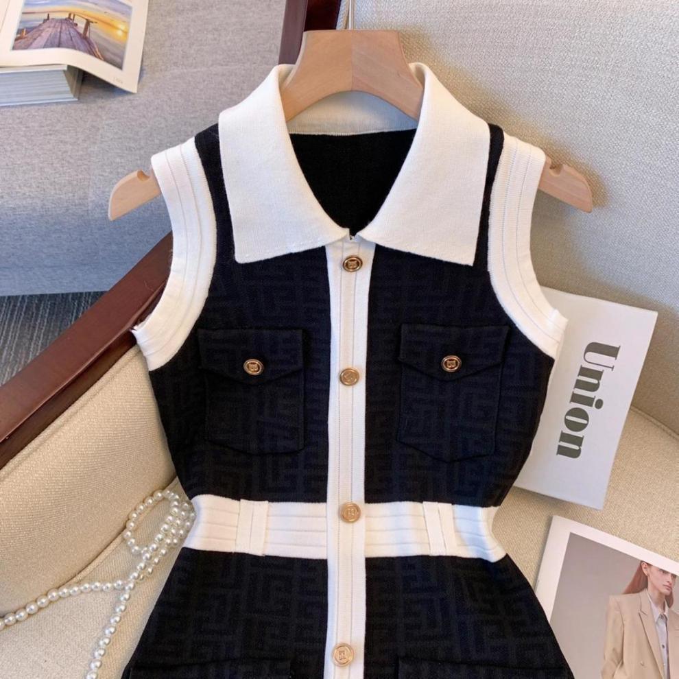 Women's Summer Lapel Sleeveless Knitted Dress - Trendy Mix