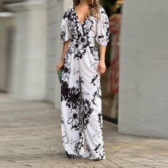 Printed High-Waist Batwing Sleeve Jumpsuit with Loose Fit - Trendy Mix