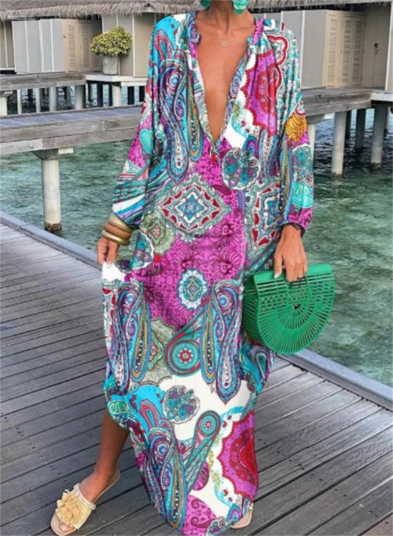 Printed Pullover Long Sleeve V-Neck Swing Loose Long Dress - Trendy Mix