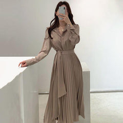 Women's Stitching One Piece Tie Waist Long Sleeve Pleated Dress - Trendy Mix