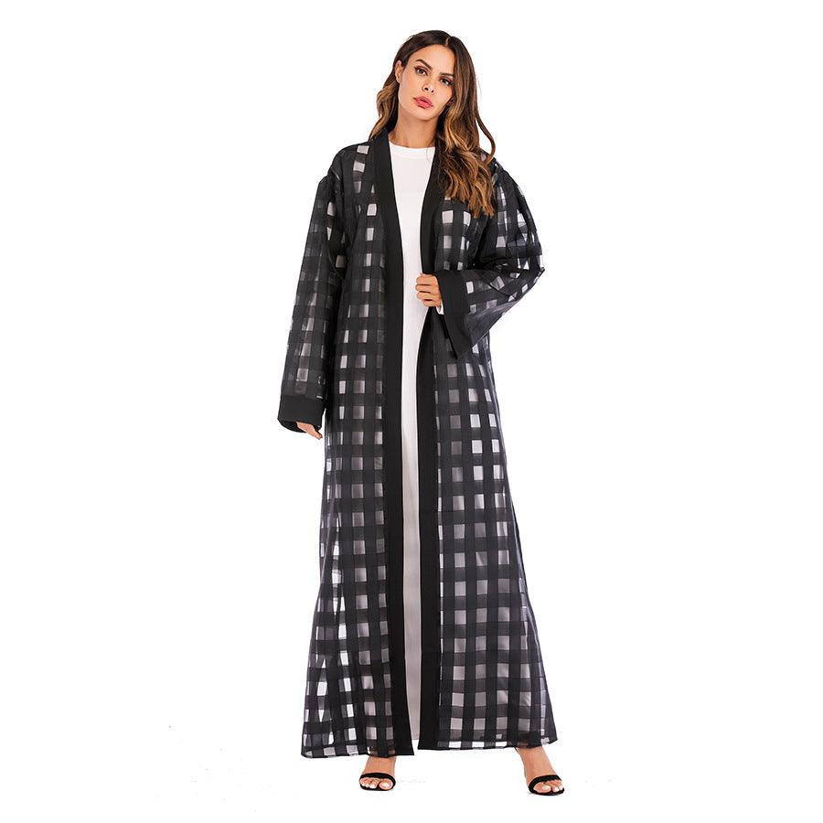 Muslim Ladies' Checkered Loose-Fit Lace-Up Robe - Trendy Mix