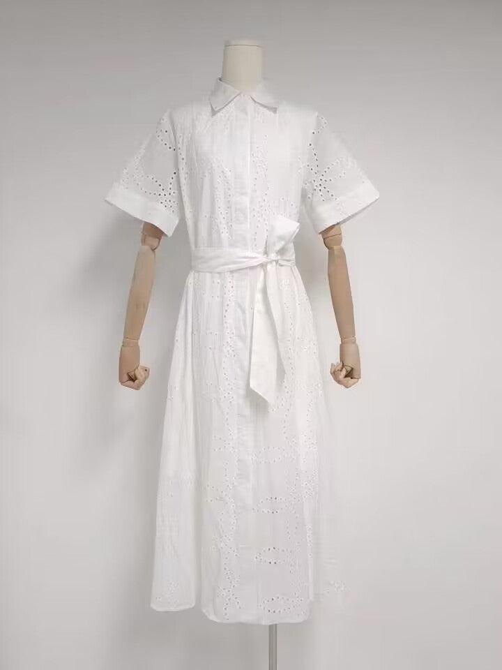 Summer Embroidered Hollow Out Tied Waist-controlled White Dress - Trendy Mix