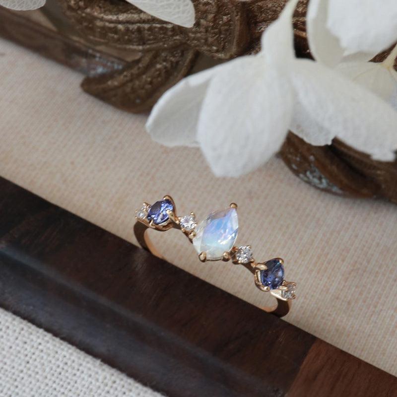 Moonstone Tanzanite Water Drop Ring Female Fashion - Trendy Mix