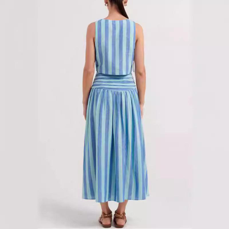 Blue Striped Retro Elegant Slimming Style Large Swing Skirt - Trendy Mix