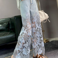 Lace Stitching Wide Leg High Waist Blue Jeans