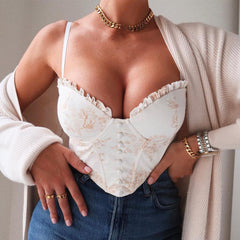 Lace-Collared Fishbone Corset Crop Top - Trendy Mix