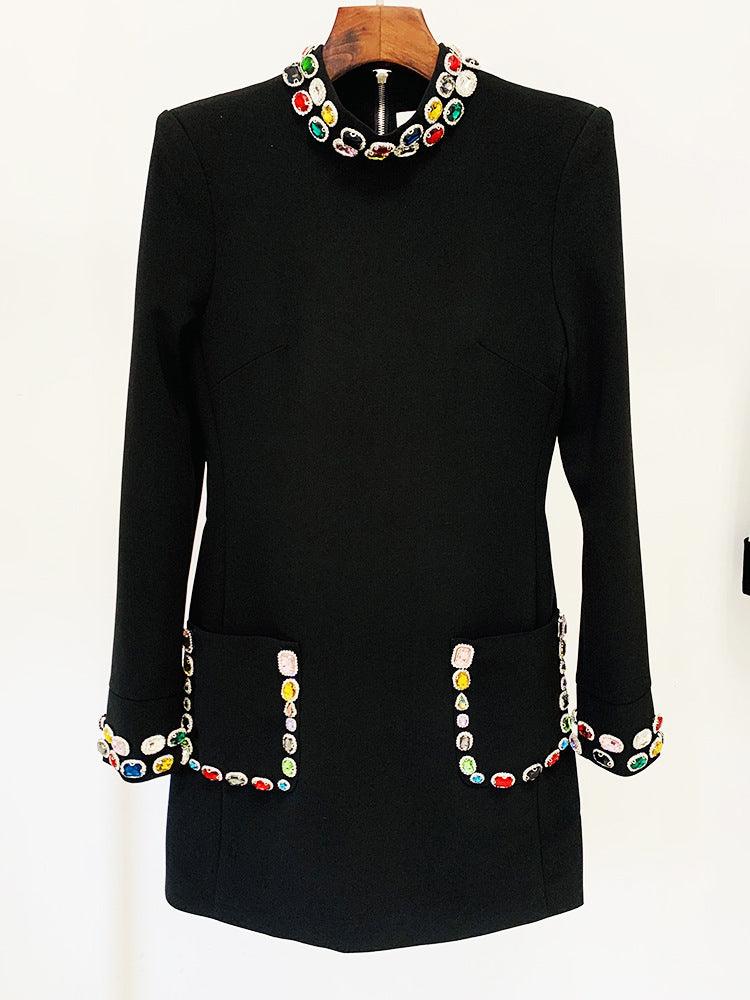 Women's Fashion Heavy Industry Beads Diamond Color Gemstone Diamond Long Sleeve Dress - Trendy Mix