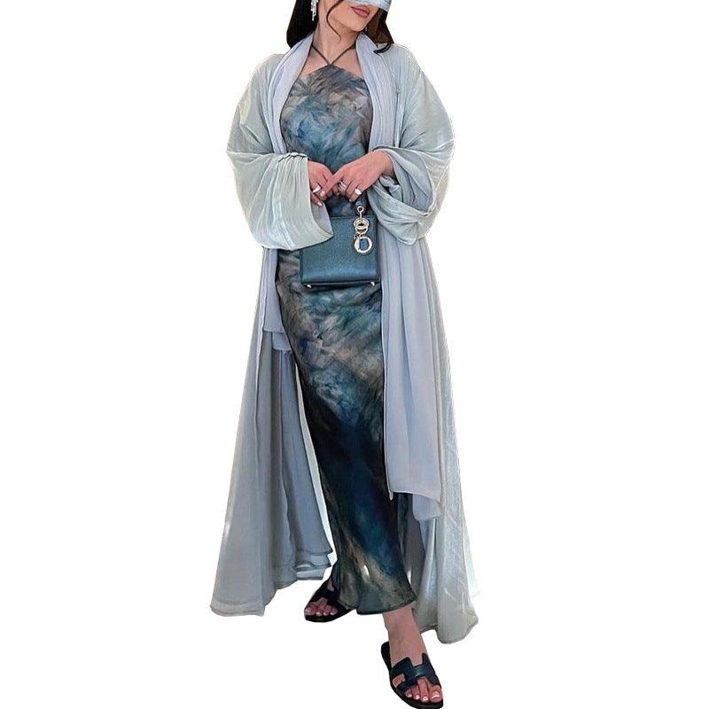 Elegant Silk Muslim Robe with Long Sleeves and Buttons - Trendy Mix