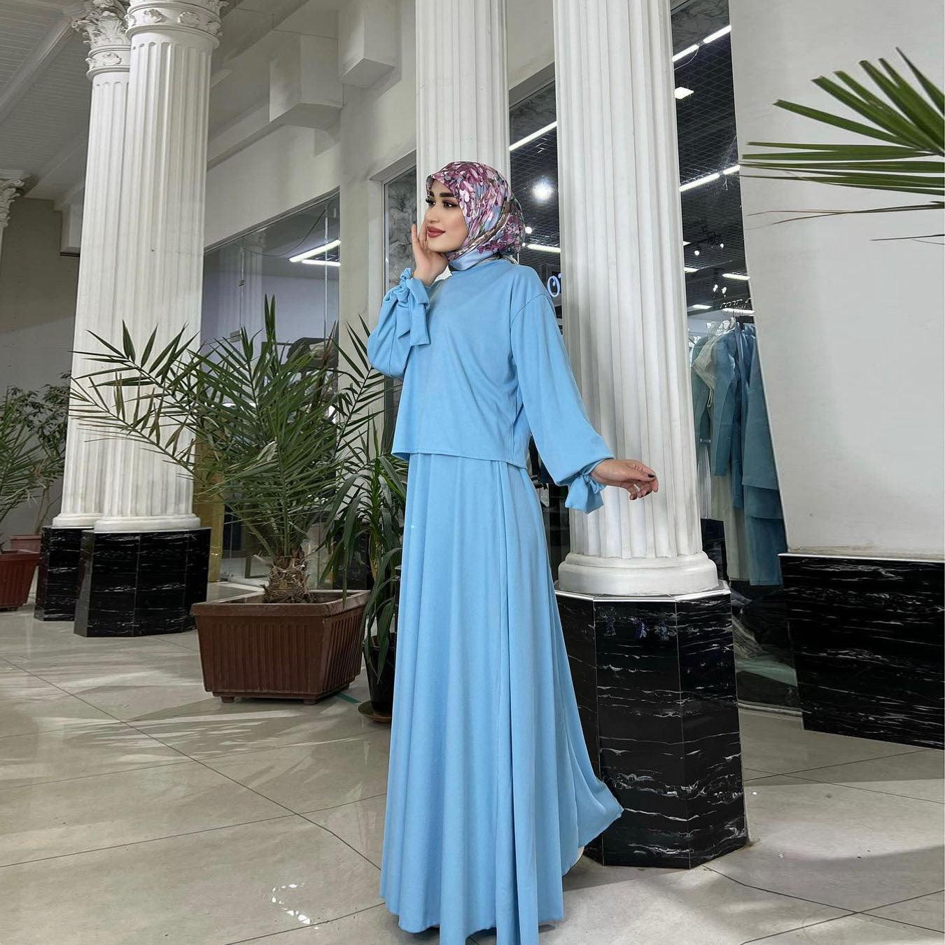 Khaki and Blue Lace Long Sleeve outfit for muslim Women - Trendy Mix