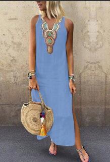 Loose Cotton And Linen Bohemian Sexy Sleeveless V Neck Side Slit Dress Women - Trendy Mix