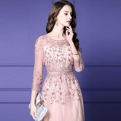 Women's Temperament Mesh Embroidery Beaded Long Dress - Trendy Mix