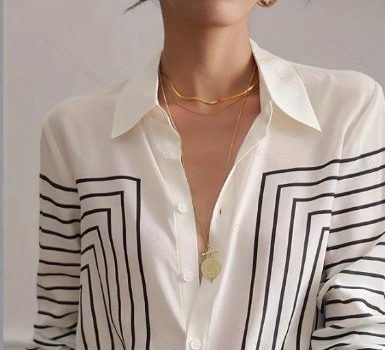 Autumn Striped Shirt Women's Long Sleeve Loose Silk Top - Trendy Mix