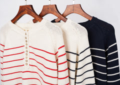 Women's Fashion Vintage Button Striped Long Sleeve Round Neck Puff Sleeve Sweater