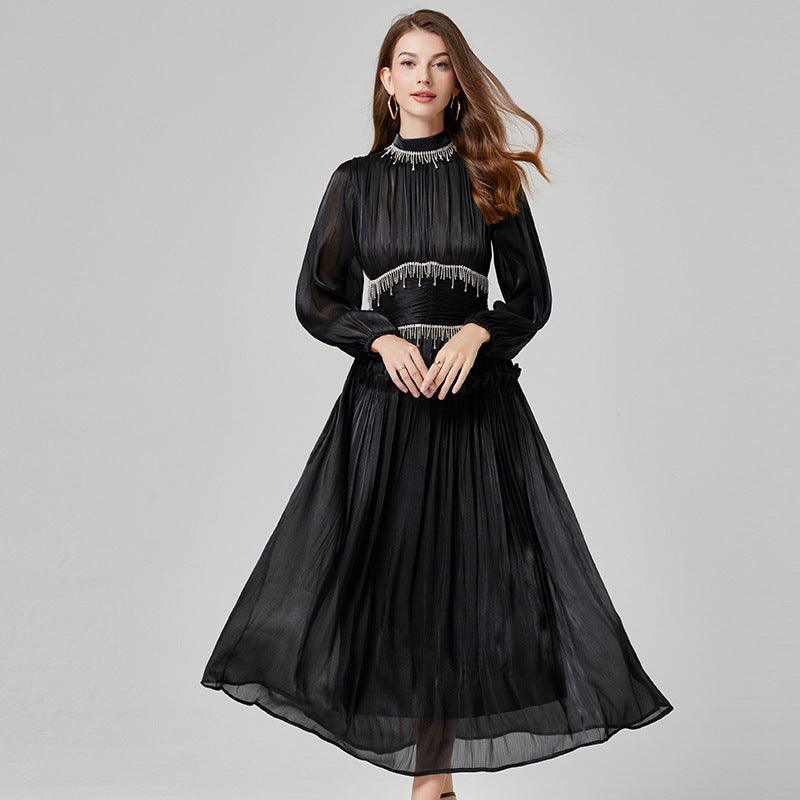 Pleated Waist Tight Long Puff Sleeve Dress - Trendy Mix