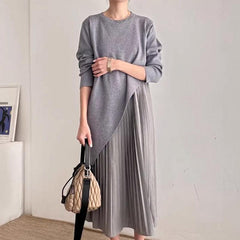 Retro Round Neck Patchwork Pleated Dress