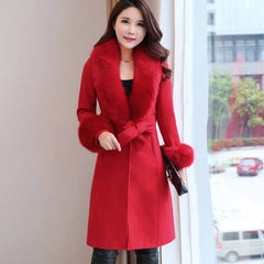 Women's long lace-up fur collar coat