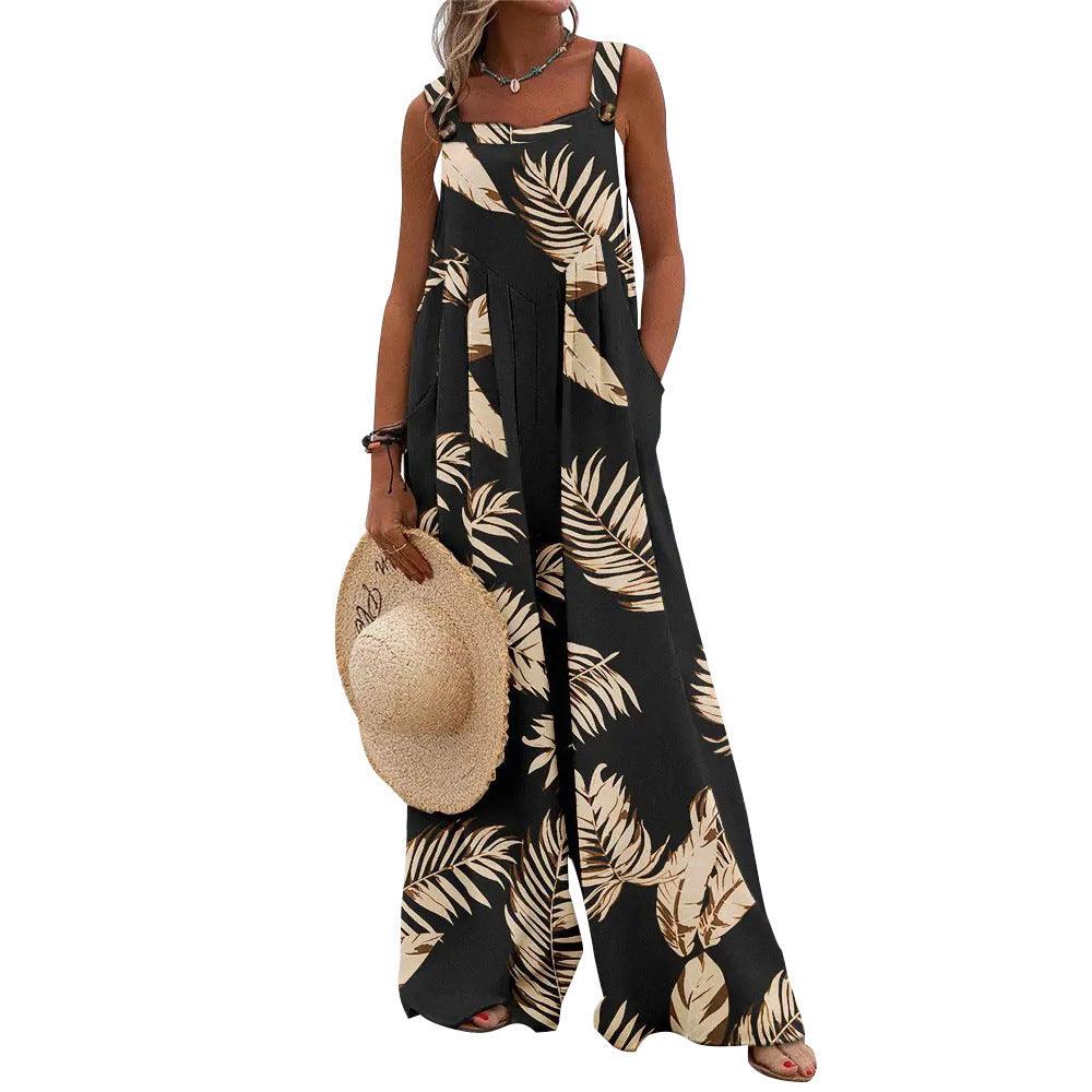 Casual Sleeveless Wide Leg Jumpsuit with European and American Prints for Women - Trendy Mix