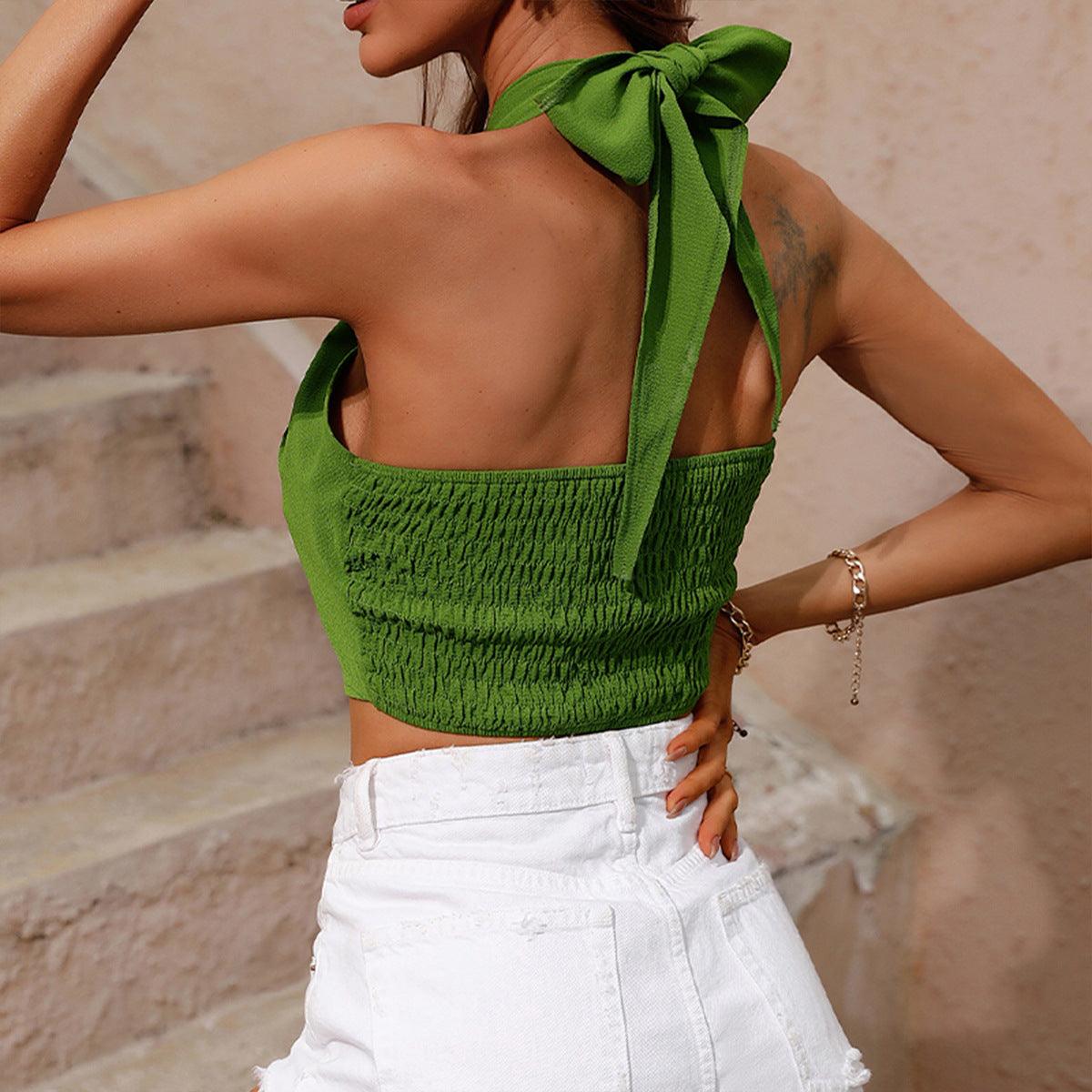 Pure Color Halter Sleeveless Elastic Waist Top - Trendy Mix