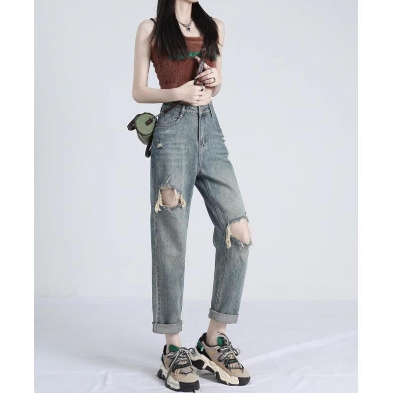 2024 Ripped Daddy Jeans for Women New High Waist Loose Small - Trendy Mix