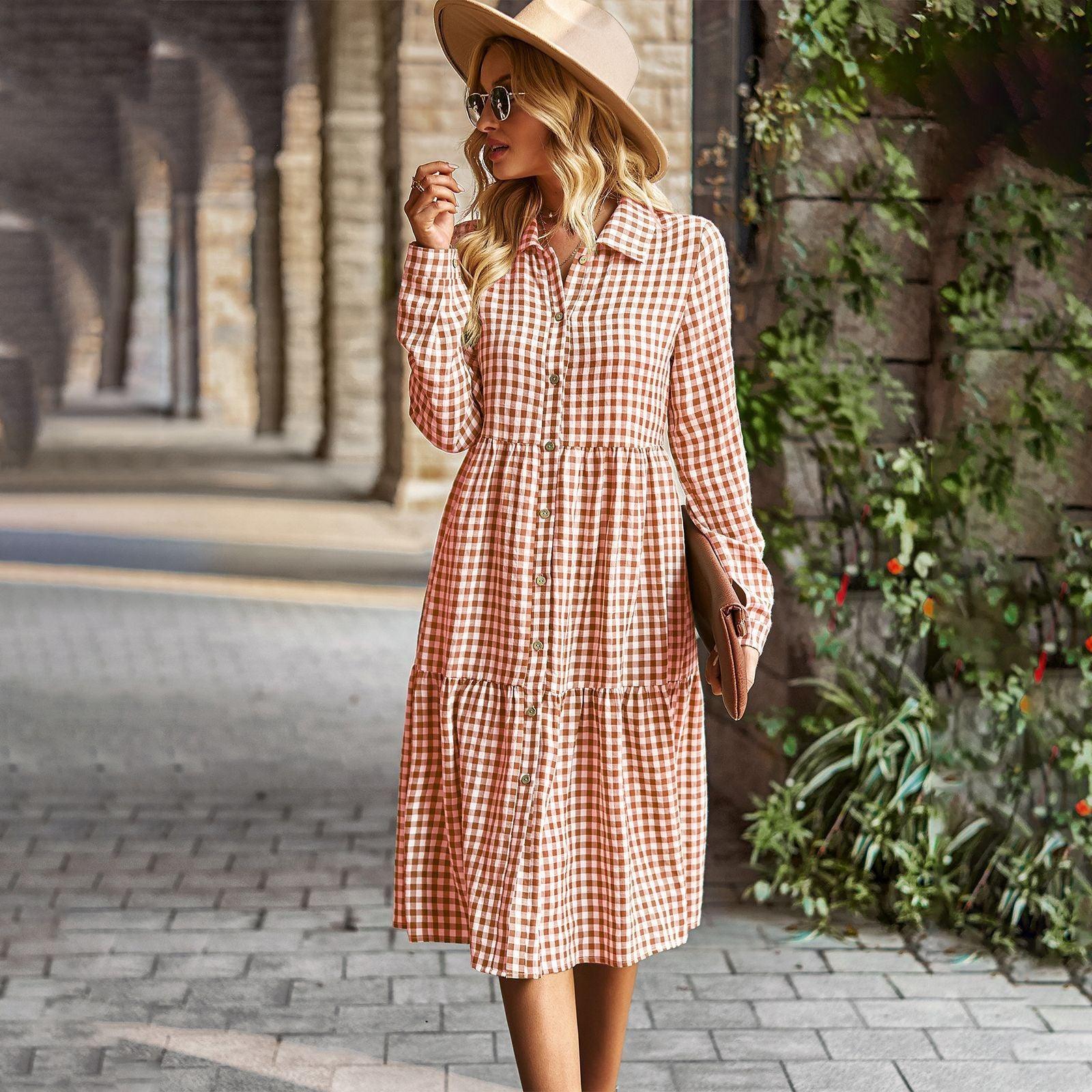 Wide Hem Long Sleeve Dress Plaid Casual Dress - Trendy Mix