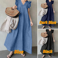 Denim Solid Color V-neck Bohemian Loose Large Size Long Dress - Trendy Mix