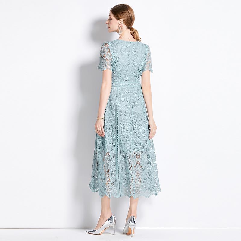 Round Neck Ruffle Sleeve Lace Slimming Temperament Elegant Dress - Trendy Mix