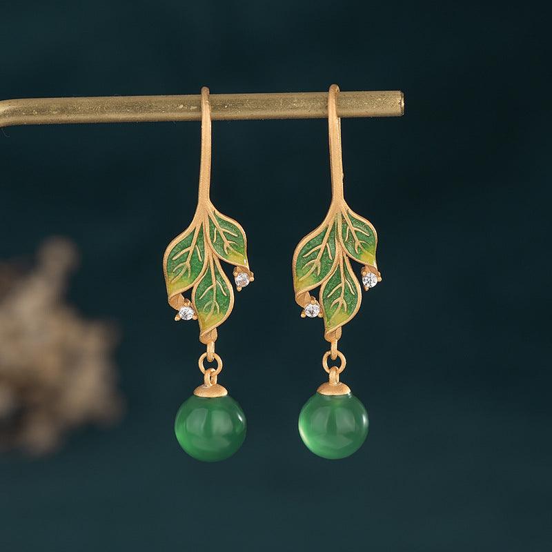 Classical Cheongsam Accessories Gold Plated Enamel Leaf Earrings - Trendy Mix