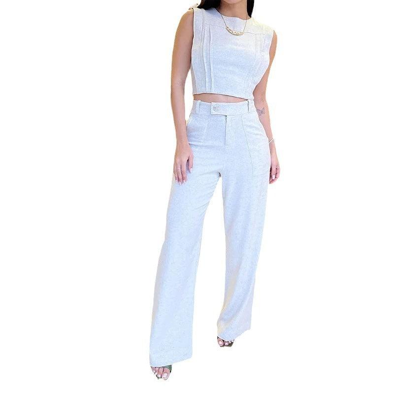 Fashion Sleeveless -Short Top Casual Trousers Suit - Trendy Mix