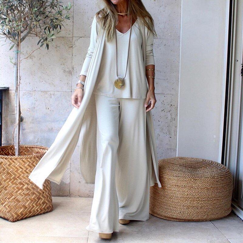 Fashion Casual Loose Threepiece Vneck Suspender Straight Trousers Long Cardigan - Trendy Mix