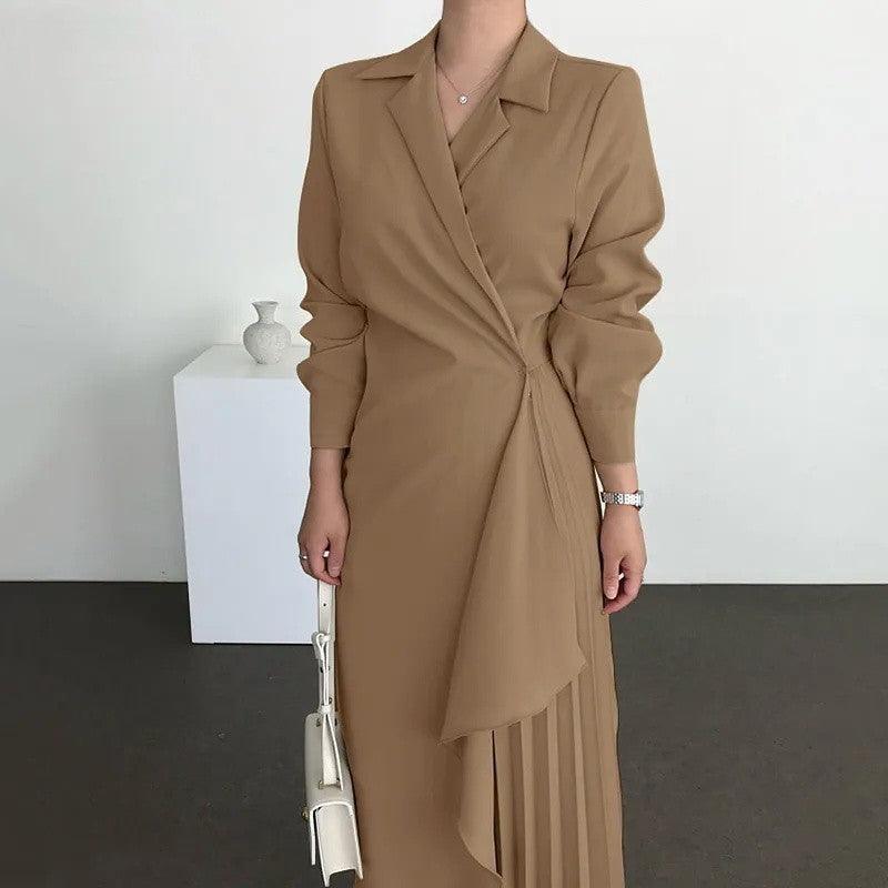 Chic Retro Long-Sleeve Solid Color Midi Dress with Adjustable Waist - Trendy Mix