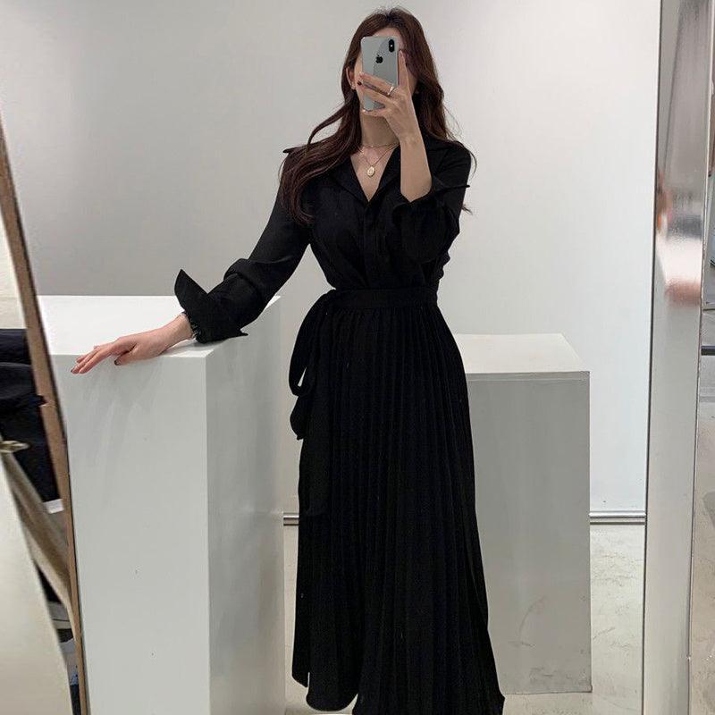 Women's Stitching One Piece Tie Waist Long Sleeve Pleated Dress - Trendy Mix